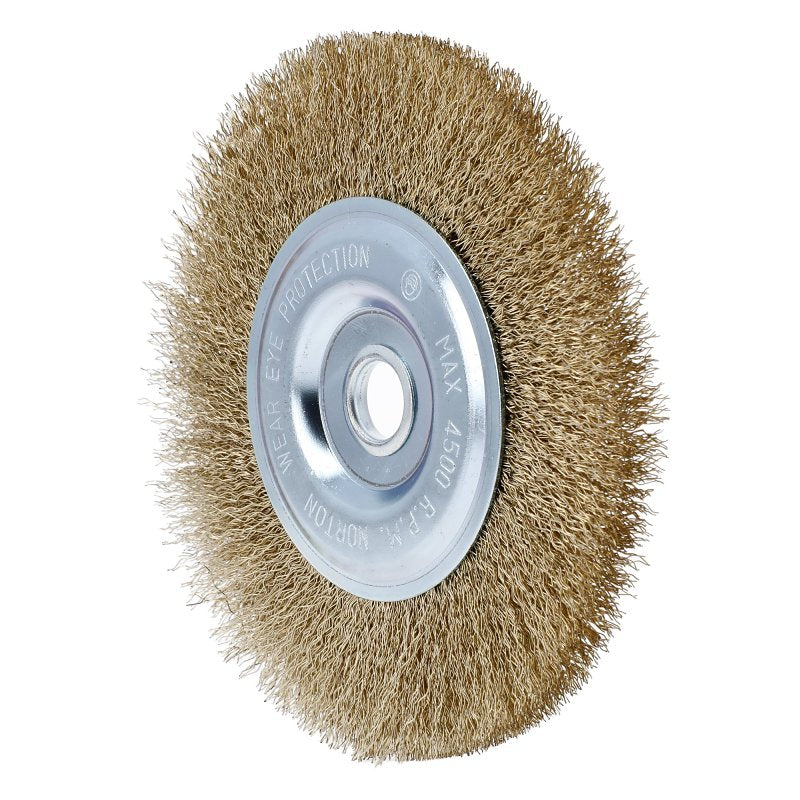 Norton 70184609161 Wire Wheel Brush, 6 in Dia, 1/2 in Arbor/Shank, Crimped Bristle, 0.012 in Dia Bristle