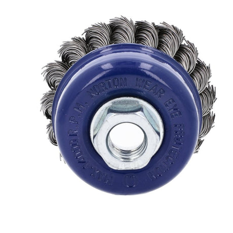 Norton 70184609150 Wire Cup Brush, 3 in Dia, 5/8 in Arbor/Shank, Knotted Bristle, 0.012 in Dia Bristle