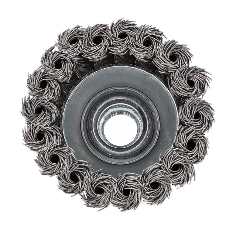 Norton 70184609150 Wire Cup Brush, 3 in Dia, 5/8 in Arbor/Shank, Knotted Bristle, 0.012 in Dia Bristle