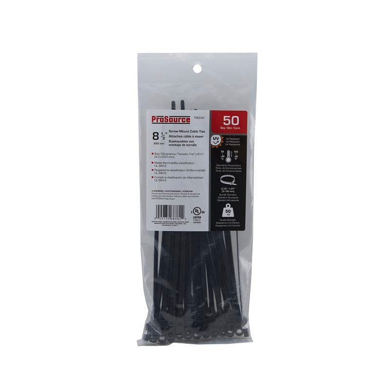 ProSource CT0930-A Cable Tie, 8-13/16 inches, 50lb Tensile Strength, Mounting Tie Locking, Nylon, Black, Screw
