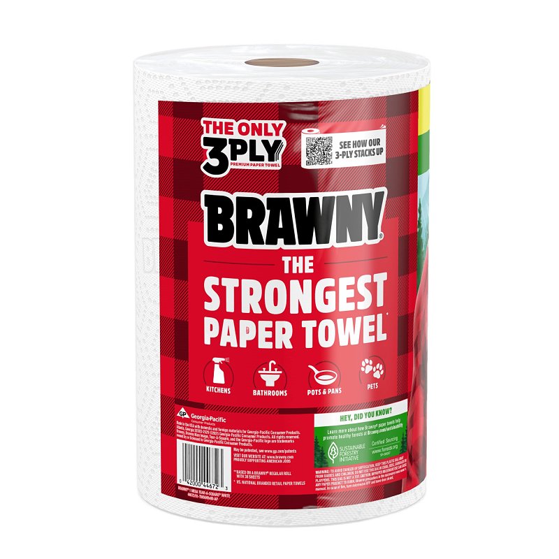 Brawny Tear-A-Square 44672 Paper Towel Roll, 3-Ply, Pack of 6
