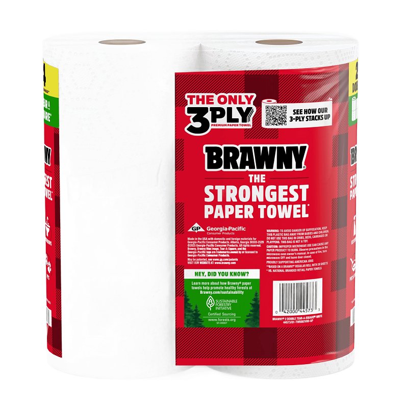 Brawny Tear-A-Square 44573 Paper Towel Roll, 3-Ply, Pack of 12