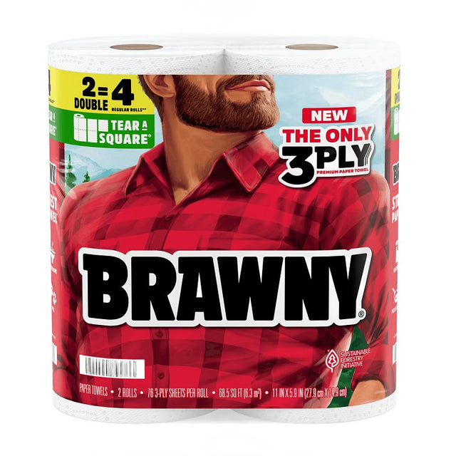 Brawny Tear-A-Square 44573 Paper Towel Roll, 3-Ply, Pack of 12