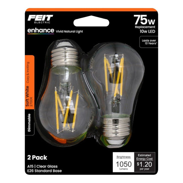 Feit Electric BPA1575927CAFIL/2/RP Filament LED Bulb, A15 Lamp, 75 W Equivalent, E26 Medium Lamp Base, Dimmable, Clear