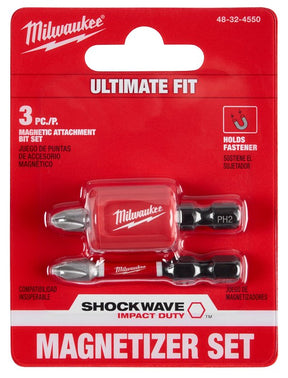 Milwaukee SHOCKWAVE Series 48-32-4550 Magnetic Attachment and PH2 Bit Set, 3-Piece, All-Purpose, Alloy Steel