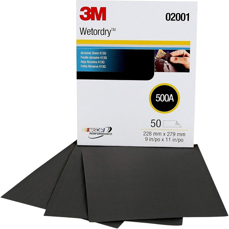 Wetordry Tri-M-ite 02001 Sandpaper Sheet, 11 in L, 9 in W, 500 Grit, Silicon Carbide Abrasive, Paper Backing, Pack of 50