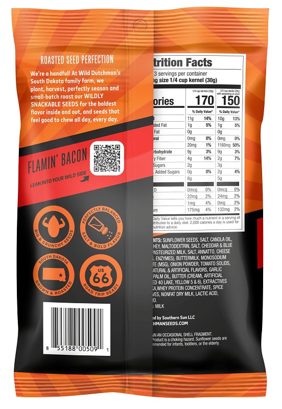 WILD Dutchman 509 Roasted Sunflower Seed, Flamin Bacon, 5.5 oz Bag, Pack of 12