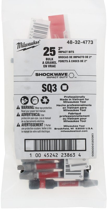 Milwaukee SHOCKWAVE 48-32-4773 Impact-Duty Power Bit, #3 Drive, Square Recess Drive, 2 in L, Alloy Steel, Pack of 25