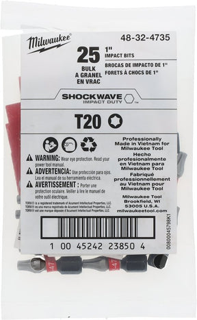 Milwaukee SHOCKWAVE 48-32-4735 Impact-Duty Insert Bit, T20 Drive, Torx Drive, 1 in L, Alloy Steel, Pack of 25