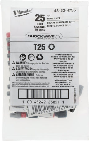 Milwaukee SHOCKWAVE 48-32-4736 Impact-Duty Insert Bit, T25 Drive, Torx Drive, 1 in L, Alloy Steel, Pack of 25