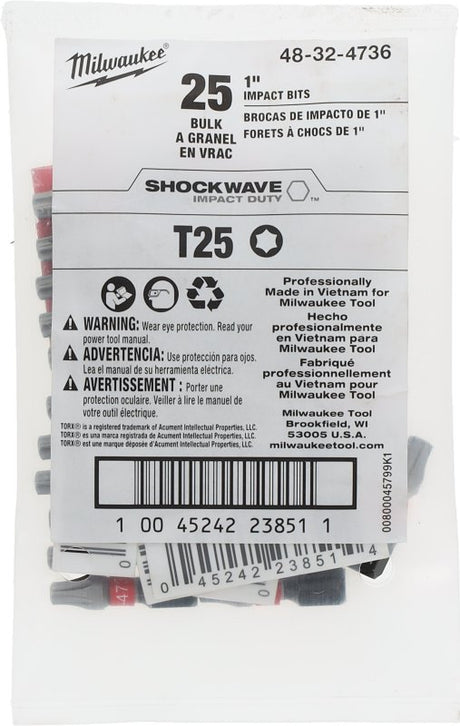 Milwaukee SHOCKWAVE 48-32-4736 Impact-Duty Insert Bit, T25 Drive, Torx Drive, 1 in L, Alloy Steel, Pack of 25