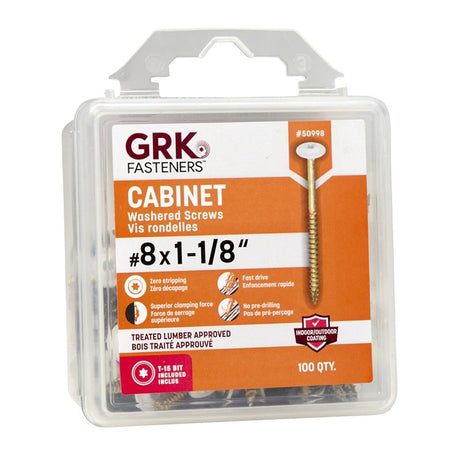 GRK Fasteners 50998 Cabinet Screw, #8 Thread, 1-1/8 in L, W-Cut Thread, Low-Profile, Washer Head, Star Drive, Steel