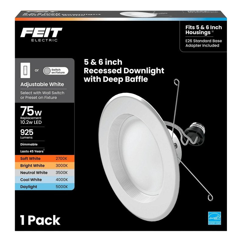 Feit Electric LEDR56B6WYCA Recessed Downlight, 10.2 W, 120 V, LED Lamp, White