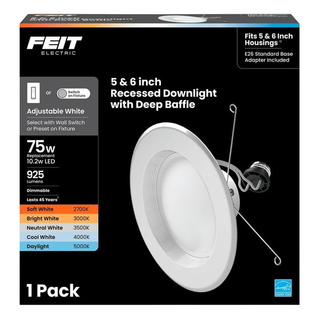 Feit Electric LEDR56B6WYCA Recessed Downlight, 10.2 W, 120 V, LED Lamp, White