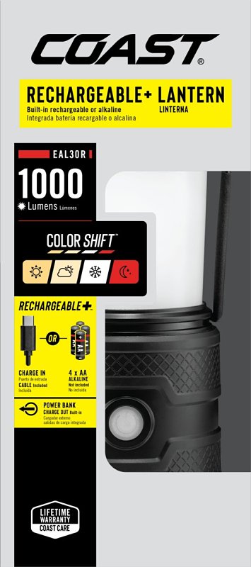 Coast EAL30R Rechargeable Lantern, Alkaline, Zithion Battery, LED Lamp, Cool White/Daylight White/Warm White