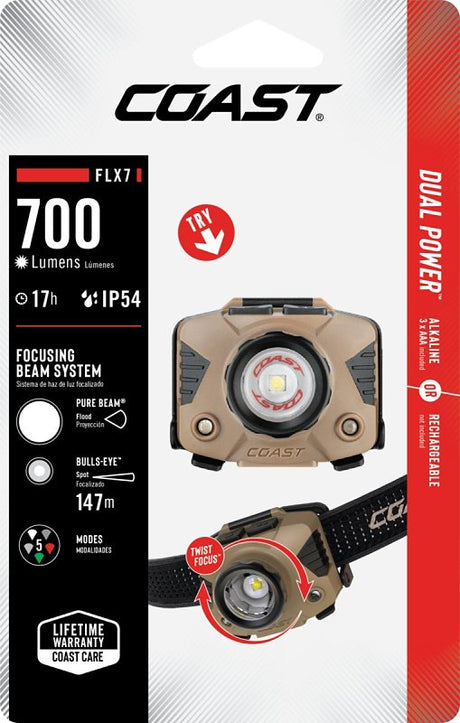 Coast FLX7 Headlamp, AAA Battery, Alkaline Battery, LED Lamp, 700 Lumens (High), 110 Lumens (Low), 370 Lumens (Medium)