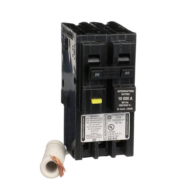Square D Homeline HOM220GFIC Miniature Circuit Breaker, GFCI, 20 A, 2-Pole, 120/240 V, Plug-In Mounting, Pack of 3