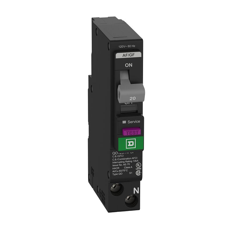 Square D QO QO120PAFGFC Miniature Circuit Breaker, Combination Arc Fault, 20 A, 1-Pole, 120 VAC, Plug-In, Pack of 3