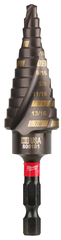 Milwaukee SHOCKWAVE Impact Duty 48-89-9244 Step Drill Bit, 3/16 to 7/8 in Dia, Spiral Flute, 2-Flute, Hex Shank