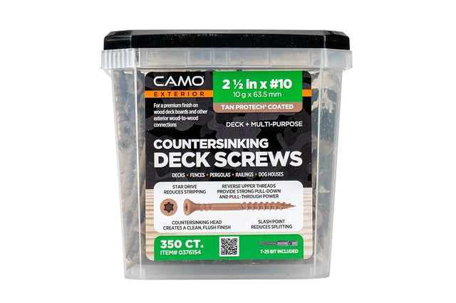 Camo 0376154 Deck Screw, #10 Thread, 2-1/2 in L, Coarse Thread, Flat Head, Star Drive, Type 17 Slash Point, Carbon Steel