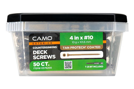 Camo 0376200 Deck Screw, #10 Thread, 4 in L, Coarse Thread, Countersink Head, Star Drive, Type 17 Slash Point, 50