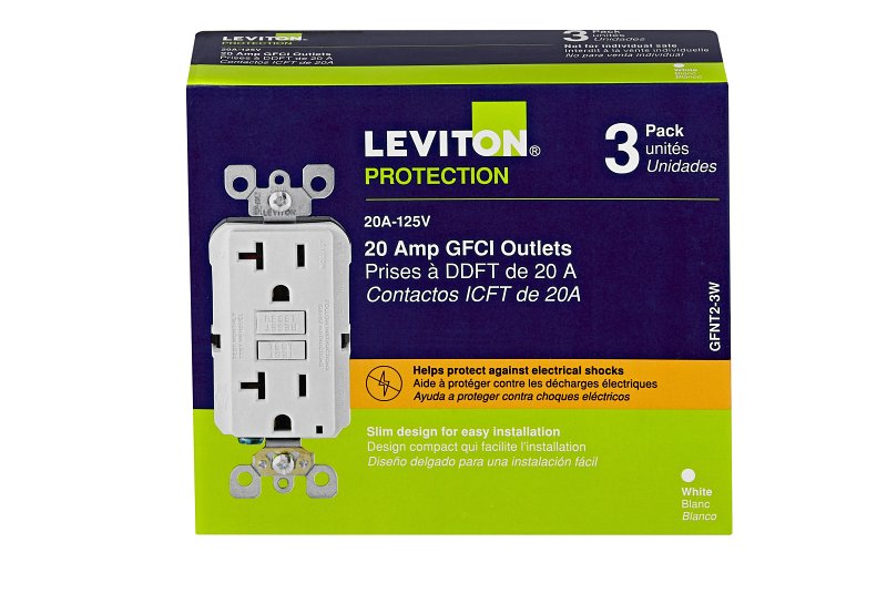 Leviton M22-GFNT2-03W Self-Test Slim Outlet, 125 V, 20 A, NEMA: NEMA 5, NEMA 5-20, Duplex, GFCI Socket, White