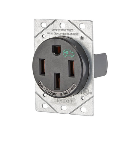 Leviton 1450R Duplex Outlet, 3-Pole, 50 A, 125/250 VAC, Side Wiring, NEMA: NEMA 14-50R, Black