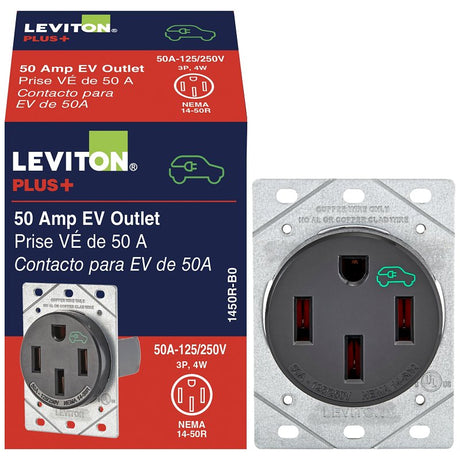 Leviton 1450R Duplex Outlet, 3-Pole, 50 A, 125/250 VAC, Side Wiring, NEMA: NEMA 14-50R, Black
