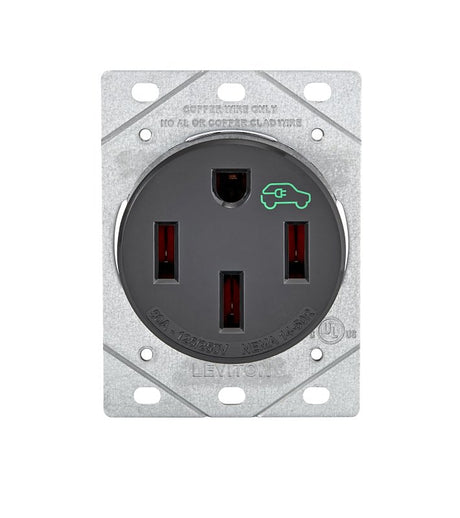 Leviton 1450R Duplex Outlet, 3-Pole, 50 A, 125/250 VAC, Side Wiring, NEMA: NEMA 14-50R, Black