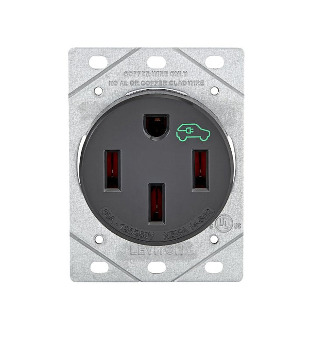 Leviton 1450R Duplex Outlet, 3-Pole, 50 A, 125/250 VAC, Side Wiring, NEMA: NEMA 14-50R, Black