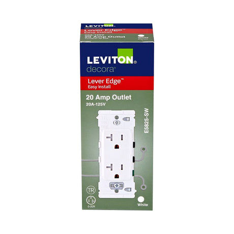 Leviton Lever Edge E5825-W Duplex Outlet, 2-Pole, 20 A, 125 V, NEMA: NEMA 5-20R, White