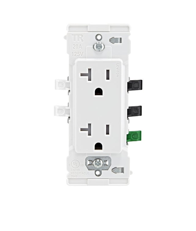 Leviton Lever Edge E5825-W Duplex Outlet, 2-Pole, 20 A, 125 V, NEMA: NEMA 5-20R, White