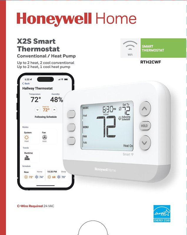 Honeywell Home X2S Series RTH2CWF/N Wi-Fi Thermostat, 120 to 240 V, Remote Control, Backlit Display