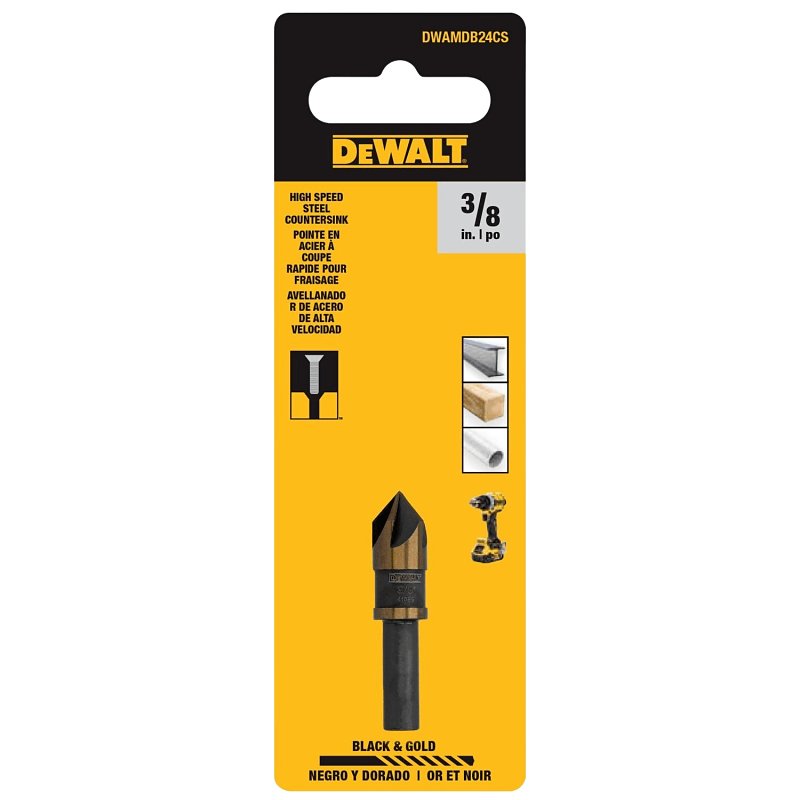 DEWALT BLACK & GOLD Series DWAMDB24CS Countersink Drill Bit, 3/8 in Dia, 1-3/5 in OAL, 5-Flute, 1/4 in Dia Shank