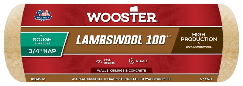 Wooster Lambswool 100 R292-9 Roller Cover, 3/4 in Thick Nap, 9 in L, Fabric/Lambs Wool Cover, Buff