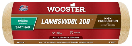 Wooster Lambswool 100 R292-9 Roller Cover, 3/4 in Thick Nap, 9 in L, Fabric/Lambs Wool Cover, Buff