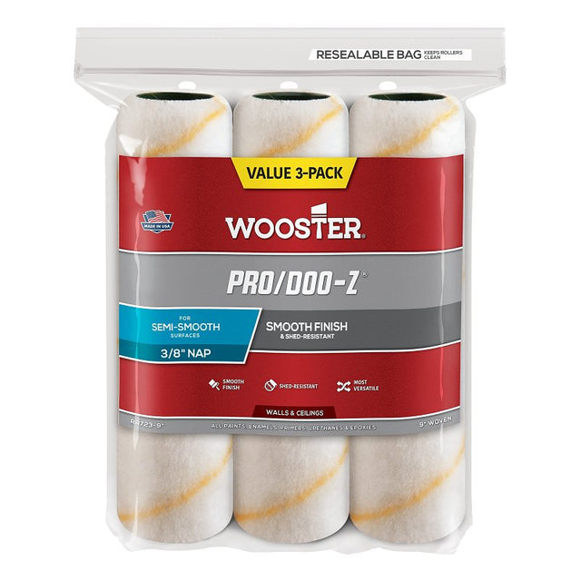 Wooster RR723-9 Roller Cover, White, 3/8 in Thick Nap, 9 in L, 3/PK