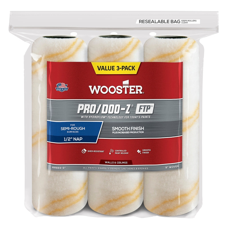 Wooster RR669-9 Roller Cover, White, 9 in L, Fabric Cover