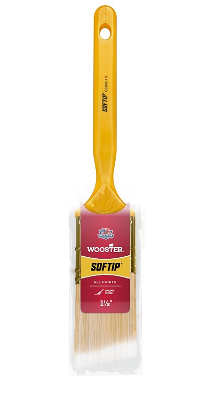 Wooster Q3208-1-1/2 Paint Brush, Pearl/White/Yellow, Plastic Handle, 1-1/2 in W, Angle Sash Brush, 2-3/16 in L Bristle