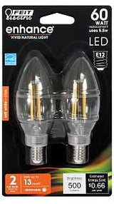 Feit Electric BPCTC60927CAFIL/2/RP Filament LED Bulb, Decorative, B10 Lamp, 60 W Equivalent, E12 Candelabra Lamp Base, Pack of 6