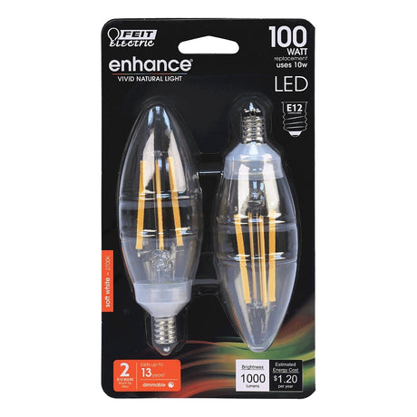 Feit Electric BPCTC100927CAFIL/2 Filament LED Bulb, B10 Lamp, 100 W Equivalent, E12 Candelabra Lamp Base, Dimmable
