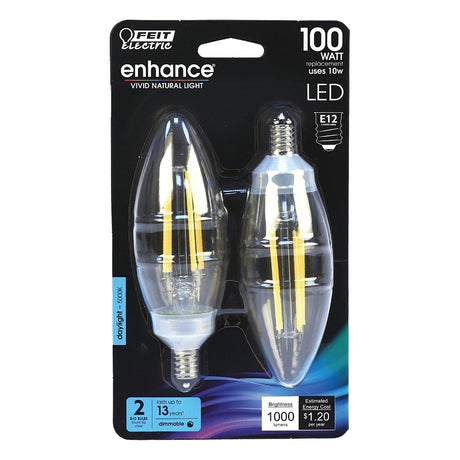 Feit Electric BPCTC100950CAFIL/2 Filament LED Bulb, Blunt Tip, B10 Lamp, 100 W Equivalent, E12 Candelabra Lamp Base