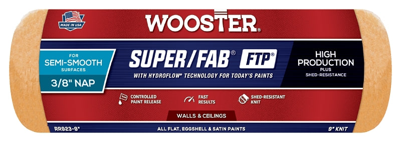 Wooster Super/Fab FTP RR923-9 Roller Cover, 3/8 in Thick Nap, 9 in L, Fabric Cover, Lager