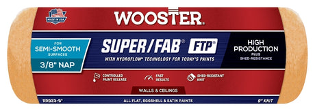 Wooster Super/Fab FTP RR923-9 Roller Cover, 3/8 in Thick Nap, 9 in L, Fabric Cover, Lager