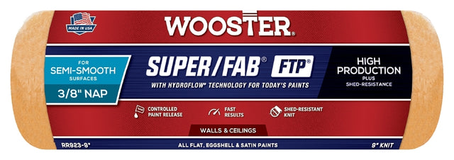Wooster Super/Fab FTP RR923-9 Roller Cover, 3/8 in Thick Nap, 9 in L, Fabric Cover, Lager