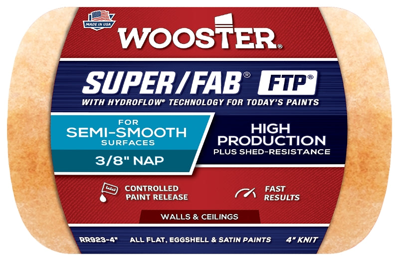 Wooster Super/Fab FTP RR923-4 Roller Cover, 3/8 in Thick Nap, 4 in L, Fabric Cover, Lager