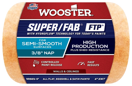 Wooster Super/Fab FTP RR923-4 Roller Cover, 3/8 in Thick Nap, 4 in L, Fabric Cover, Lager