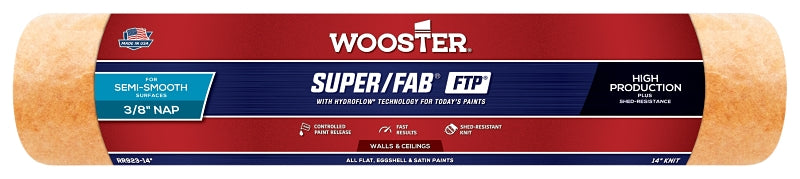 Wooster Super/Fab FTP RR923-14 Roller Cover, 3/8 in Thick Nap, 14 in L, Fabric Cover, Lager
