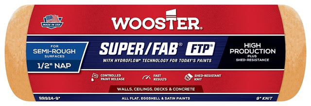 Wooster Super/Fab FTP RR924-9 Roller Cover, 1/2 in Thick Nap, 9 in L, Fabric Cover, Lager