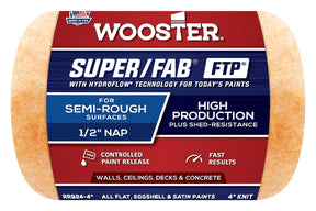 Wooster Super/Fab FTP RR924-4 Roller Cover, 1/2 in Thick Nap, 4 in L, Fabric Cover, Lager